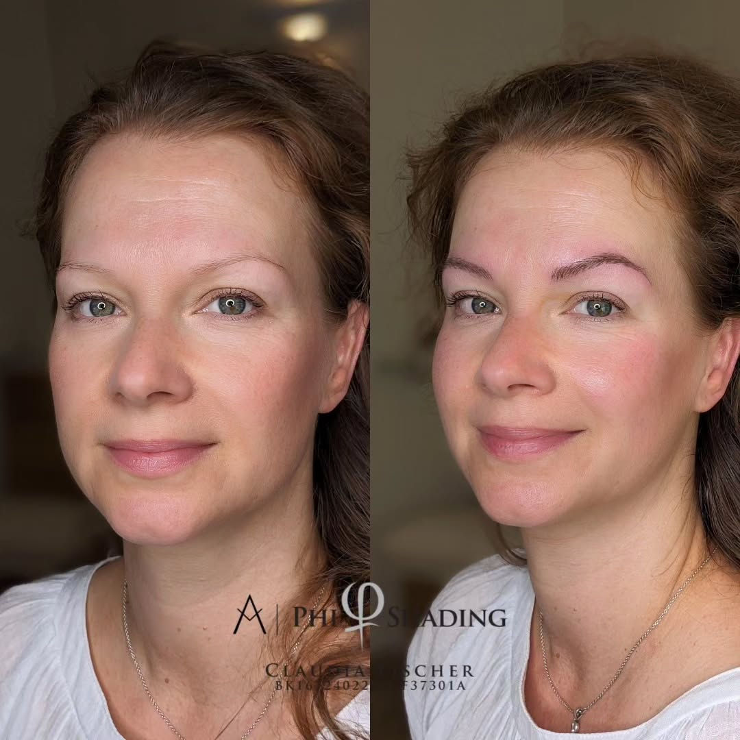 Vorher-Nachher von Microblading für Augenbrauen, natürliche Form und Definition.